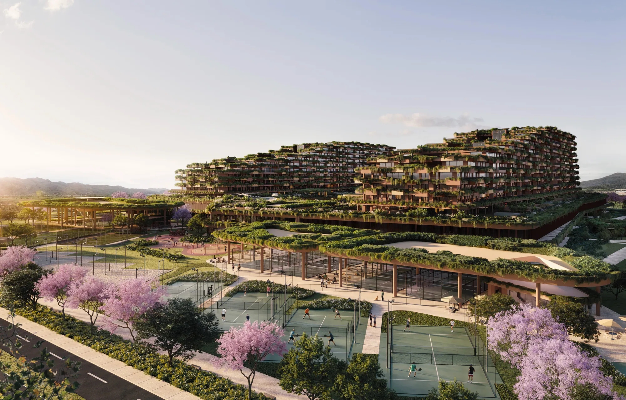 Fachada frontal do Terra All Resort ao entardecer