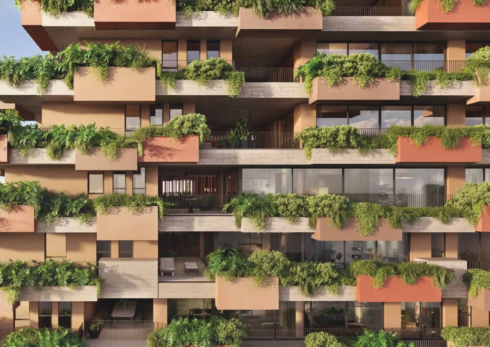 Detalhe da fachada em madeira e vegetação