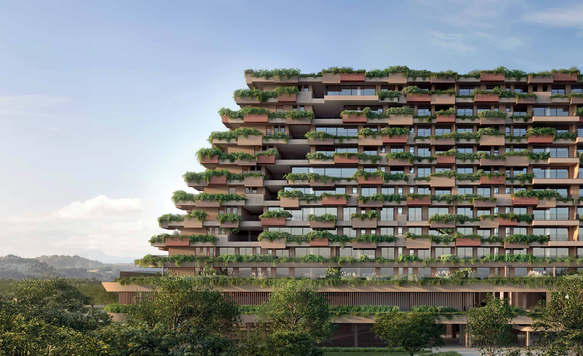 Fachada biofílica do Terra All Resort com vegetação integrada aos terraços